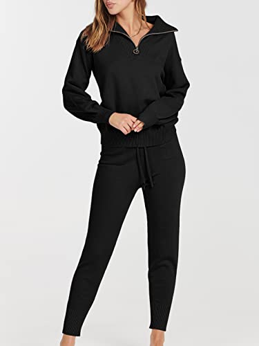 ANRABESS Women's Two Piece Outfits Sweater Sets Knit Pullover Tops and Casual Pants Tracksuit Matching Sets Loungewear 2023 Fall Fashion Clothes Sweat Suit Ci779-hei-L