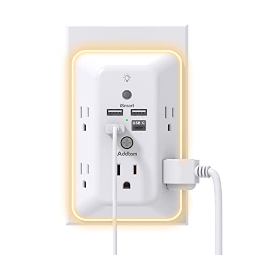 Surge Protector, Multi Plug Outlet Extender with Night Light for Home, Office, School, Addtam 5-Outlet Splitter and 4 USB Ports(1 USB C), Wall Charger Power Strip, ETL Listed