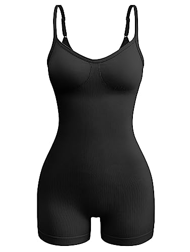 OQQ Women's Yoga Ribbed One Piece Spaghetti Strap Sleeveless Top Romper, Black, Medium