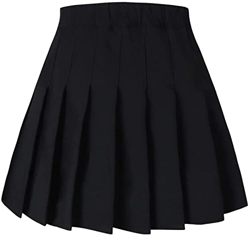 Women's High Waisted Pleated Skater Tennis School A-Line Skirt Uniform Skirts with Lining Shorts, Black, US S