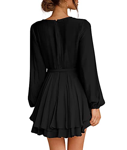 Womens Mini Dress Deep V-Neck Baggy Sleeve Ruffle Hem Short Dresses Black S