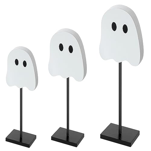 3 Pcs Halloween Standing Table Decor Wood Tiered Tray Table Decorations Ghost Cat Bat Candy Corn Table Centerpiece Tall Block Sign Set for Halloween Party Home (Ghost)