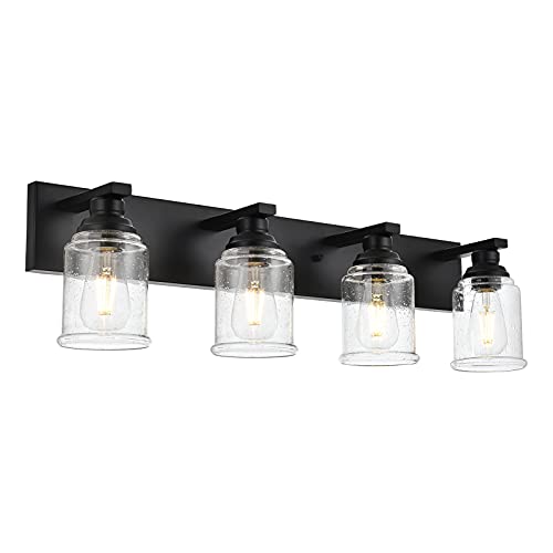 OULOK Black Vanity Lights 4-Light Modern Farmhouse Wall Lighting Fixtures with Seeded Glass Shades Industrial Bathroom Wall Sconces