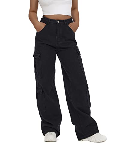 Women's High Waist Cargo Jeans Flap Pocket Baggy Cargo Pants Y2K Wide Leg Denim Jeans Straight Casual Loose Trousers Y2K Streetwear Pants-M Black.