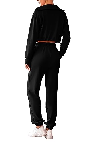 PRETTYGARDEN Women's 2 Piece Tracksuit Outfits Long Sleeve Zip Up Sweatshirt Drawstring Sweatpants Lounge Set (Black,Medium)