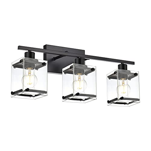 MELUCEE 3 Light Bathroom Lights Over Mirror Black Vanity Lighting Fixtures with Rectangular Clear Glass, Modern Bathroom Light Fixtures Wall Mount Lamp for Bath Powder Room Bedroom