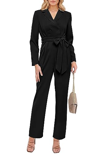 PRETTYGARDEN Women's Fall One Piece Jumpsuits Long Sleeve Belt Wide Leg Pants Romper Dressy Elegant Business Casual Outfits (Black,Medium)