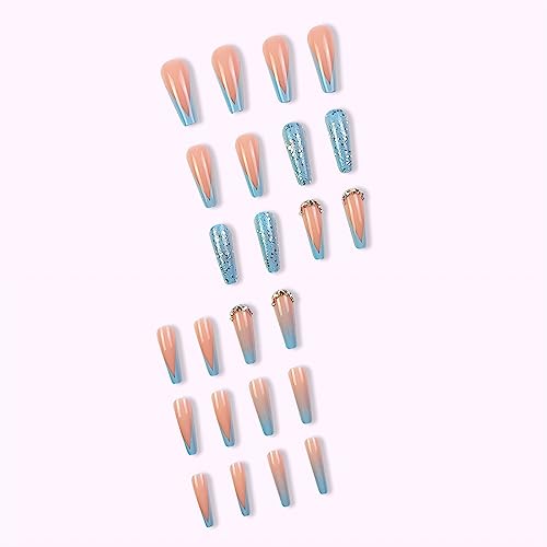 MISUD Long Coffin Press on Nails Ballerina Fake Nails Glossy Glue on Nails Blue French Tip Acrylic Nails Bling Glitter Artificial Nails 3D Rhinestone Stick on False Nails with Gradient Design 24 pcs