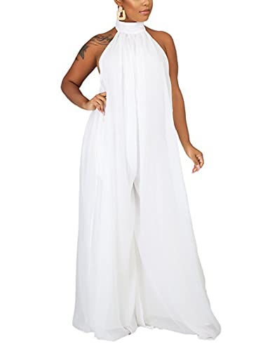 Ekaliy Women’s Sexy Summer Jumpsuit Halter Neck Sleeveless Chiffon Wide Leg Long Pant Jumpsuit Romper One Piece Party Outfit White Medium