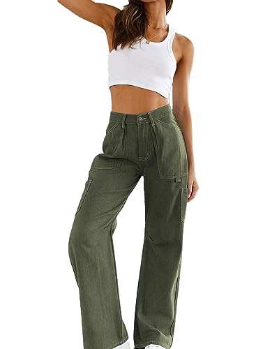 Dokotoo Corduroy Cargo Pants Women Wide Leg Baggy High Waisted with 6 Pockets Casual Pants Basic Womens Clothing,Green 6