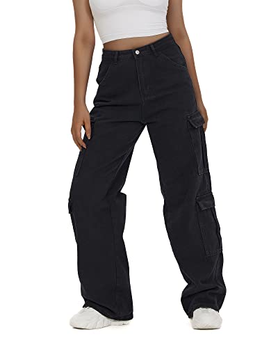 Women's High Waist Cargo Jeans Flap Pocket Baggy Cargo Pants Y2K Wide Leg Denim Jeans Straight Casual Loose Trousers Y2K Streetwear Pants-M Black.