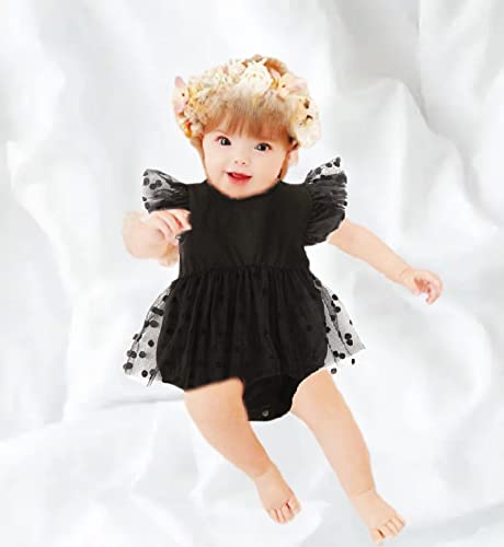 Infant Newborn Baby Girl Clothes Ruffle Sleeve Dress Romper 2Pcs Dot Mesh Skirts Hem Bodysuit with Headband Set (Black, 6-9 Months)