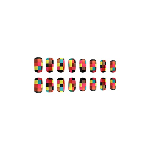 Press on Nails Medium Square Fake Nails Full Cover False Nails with Colorful Mosaic Designs Matte False Nails with Nail Glue Acrylic Nails Artifiical Nails for Women Girls 24 Pcs