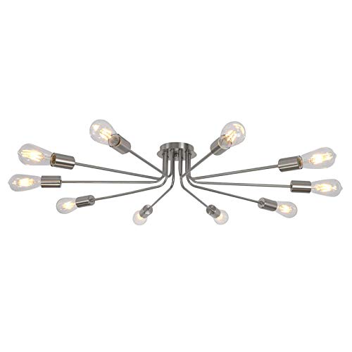 TULUCE 10 Light Sputnik Chandelier Brushed Nickel Ceiling Light Semi Flush Mount Light Ceiling Lamp for Kitchen Dining Room Living Room Foyer