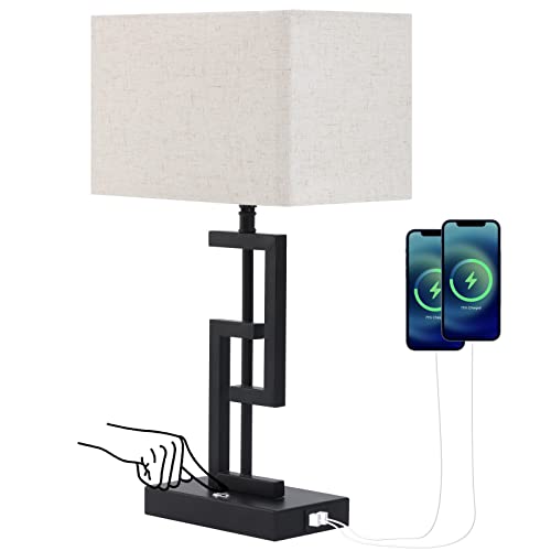 Modern 17'' Tall Table Lamp with USB Charging Ports - Perfect for Living Room, Bedroom Nightstand, and End Table - White Fabric Shade - 3-Way Dimmable Touch Control - Bulb Included