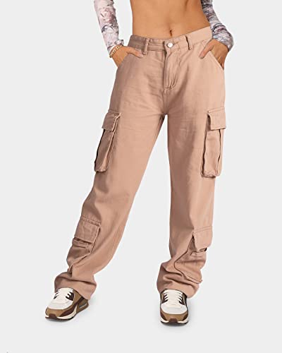 GuYongZ Women's Cargo Pants Jeans Baggy Y2K Wide Leg Straight Parachute Pants Streetwear Casual Pants for Women with Pockets A-Khaki