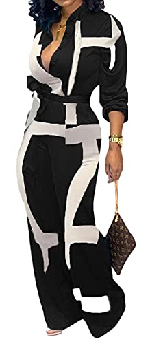 Business Jumpsuits For Women Elegant V Neck Zipper Long Sleeve Sexy Contrast Printing Decorative Strap Straight Long Pants Rompers With Pockets