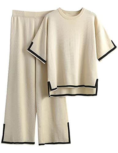 Faleave Womens Knit 2 Piece Sweater Sets Short Sleeve Pullover Tops Elastic Waist Wide Leg Pants Lounge Set(Apricot-XL)