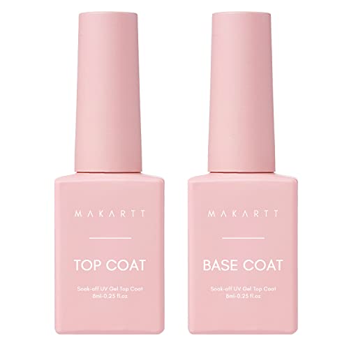 Makartt No Wipe Top Coat and Base Kit, Clear Gloss Shiny Stain Resistant General Gel Nail Polish UV Primer for Acrylic Nails Dip Powder