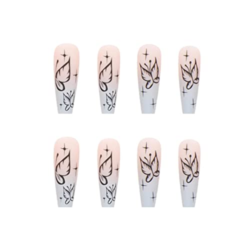 Hkanlre Fake Nails Long Coffin Butterfly Press on Nails Matte Acrylic Full Cover Ballerina False Nails for Women and Girls 24PCS