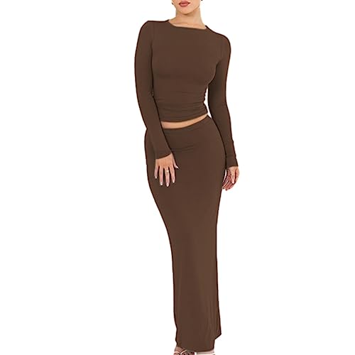 Women Sexy 2 Piece Maxi Skirt Set Long Sleeve Shirt Top Long Skirt Y2K 2 Piece Outfits Skirt Going Outing(Long Sleeve Brown Sets,S)