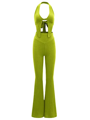 Verdusa Women's 2 Piece Outfits Tie Back Crop Halter Top and Wide Leg Pant Sets Lime Green S