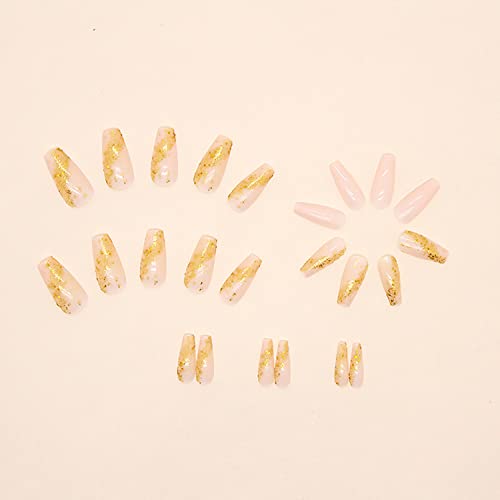 Press on Nails Medium Length Golden Fake Nail Gold Sequins Glossy Nails Design Acrylic Nails Full Cover Stick on Nails for Women and Girls 24Pcs