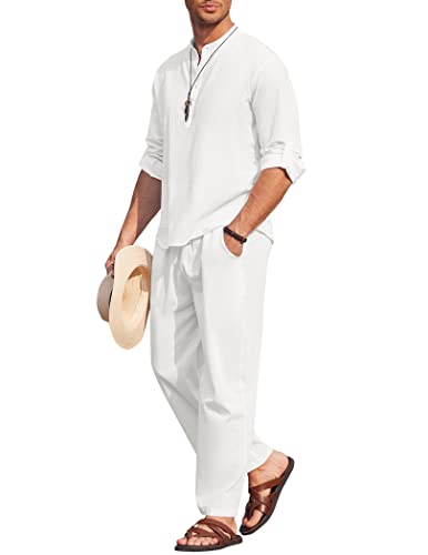 COOFANDY Men's 2 Pieces Cotton Linen Set Henley Shirt Long Sleeve and Casual Beach Pants Summer Yoga Outfits