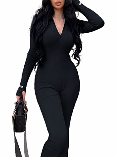 Glamaker Women's One Piece Zip Up Bodycon Jumpsuit Sexy Long Sleeve Turtleneck Onesies Rompers Playsuit Clubwear Black