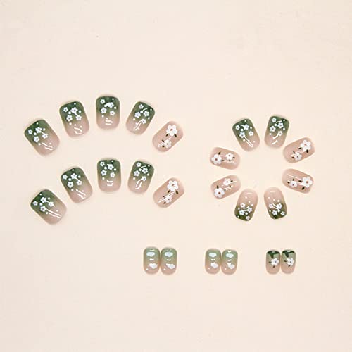 Green Press on Nails Short Square Fake Nails Small Flower False Nails with Designs Cute Cloud Floral Acrylic Nails Full Cover Glossy Stick on Nails Spring Summer Glue on Nails for Women Girls Manicure