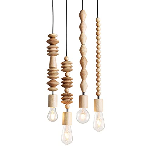 OAKLIGHTING 4 Lights/Lot Beads Wood Ceiling Pendant Fixtures Modern Dining Room Wooden Hanging Lighting (Wood Color)