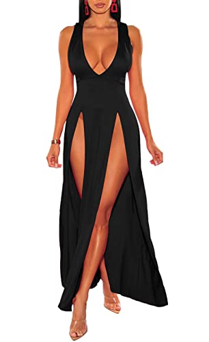 Women's Off Shoulder Casual Long Sleeve Split Maxi Party Dresses XXL Black