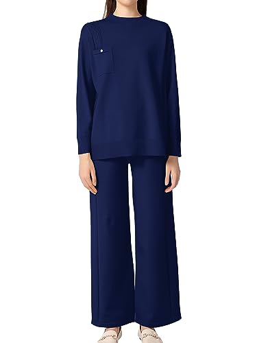 SuperPrity Cozy Knit Lounge Set 2023 Fall Trendy Mock Neck Sweater Sets Womens Plus 2 Piece Outfits Oversized Matching Pants Set Lounge Wear-2XL,Navy Blue