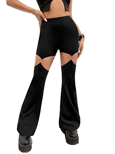 WDIRARA Women's Cut Out High Waisted Flare Elastic Waist Party Leggings Night Out Pants Black M