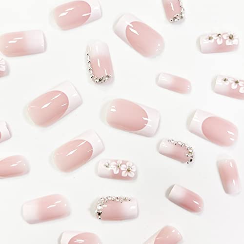 Medium Square Press on Nails French Tip Fake Nails Pink Full Cover False Nails with Flower and Rhinestones Designs Spring Glue on Nails Glossy Stick on Nails for Women and Girls 24Pcs