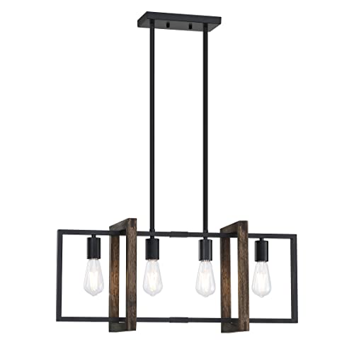 Dolaimy House Farmhouse Rustic 4 Light Gold Chandelier Kitchen Island Dining Room Light Fixture Hand Painted Natural Walnut Wood Lantern Cage Frame Black Finish for Hallway Dining Room Bedroom