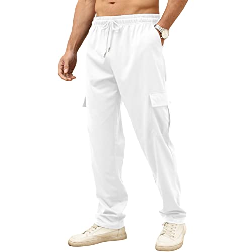 CTU Mens Workout Cargo Sweatpants Athletic Pants Open Bottom Joggers Casual Baggy Sweatpants with Pockets White