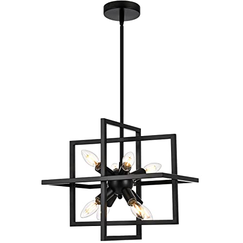 Yiisem Modern Small Metal Black Chandeliers, 8-Light Geometric Pendant Light Fixture, Industrial Lantern Hanging Chandelier for Kitchen, Dining Room, Foyer, Entryway