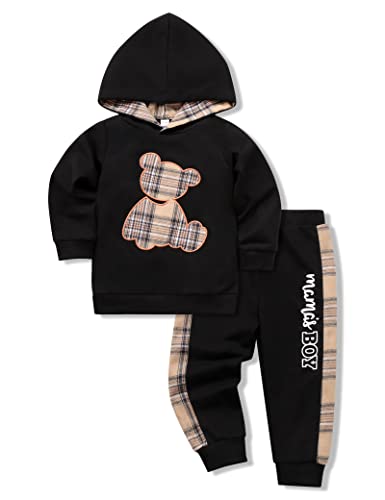 Yoxindax Toddler Baby Boy Clothes Outfits Plaid Bear Long Sleeve Hoodie Sweatshirt Patchwork Pants Fall Winter Clothes for Boys(4-5t)