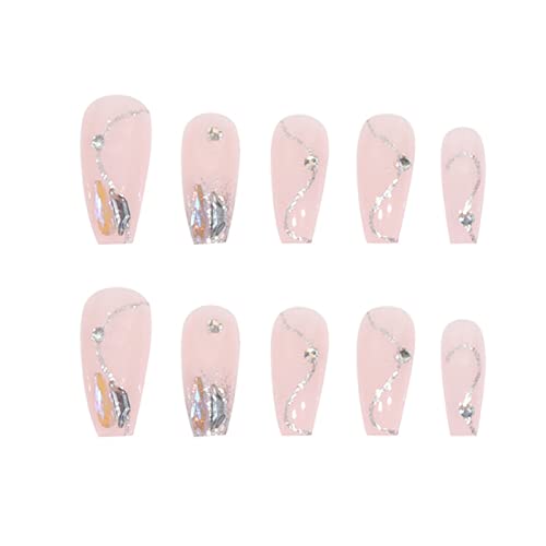 Hkanlre Gradient Press on Nails Tips Pink Coffin Long Fake Nails Crystal Full Cover False Nails Ballerina for Women and Girls 24PCS