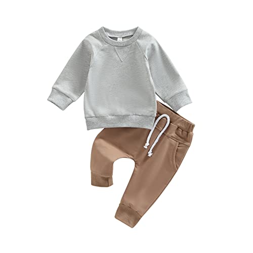 Toddler Baby Boy Clothes Solid Color Long Sleeve Crewneck Sweatshirt Top Casual Pants Set 2Pcs Fall Winter Outfits (Grey & Coffee, 12-18 Months)