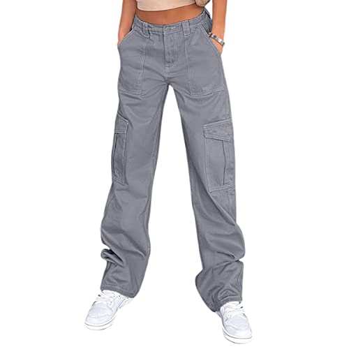 Women 6 Pockets High Waisted Cargo Pants Wide Leg Casual Pants Combat Military Trouser Blue Grey