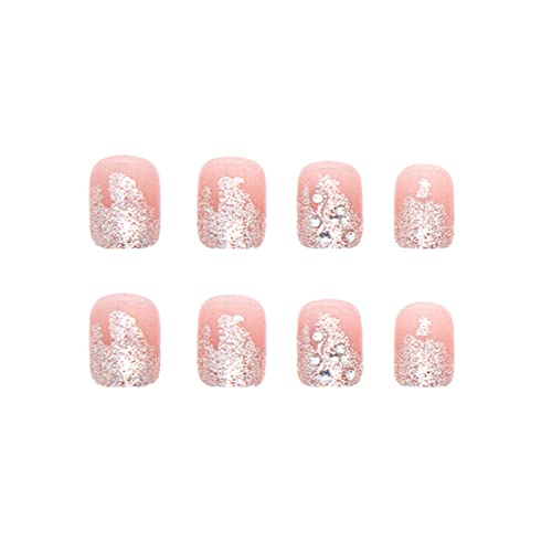 Hkanlre Short Pink Press on Nails Square Fake Nails Bling Full Cover French False Nails for Women and Girls 24PCS