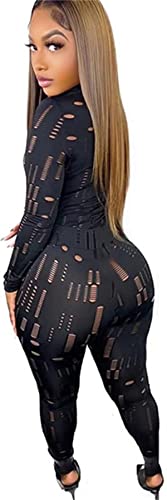 2 Piece Outfits Women,Black Stretchy Mesh Long Sleeve Blouse Bodycon Pants Set