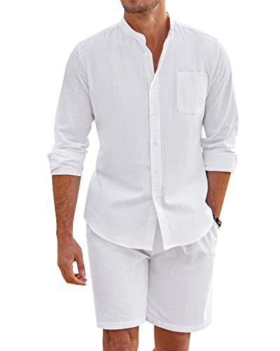 COOFANDY Men Linen Sets Outfits 2 Piece For Wedding Long Sleeve And Casual Elastic Waist Shorts Summer Outfits (White M