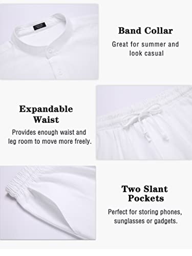 COOFANDY Men Linen Sets Outfits 2 Piece For Wedding Long Sleeve And Casual Elastic Waist Shorts Summer Outfits (White M