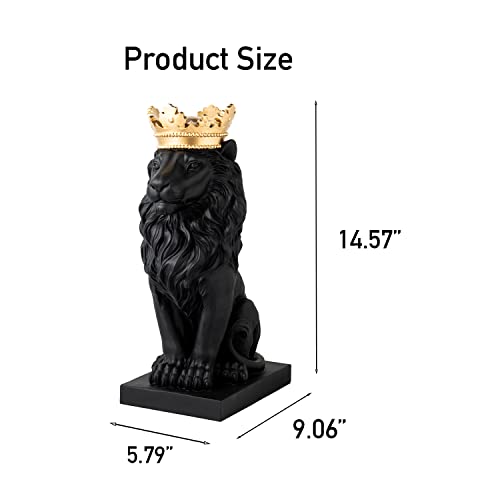 LC LCdecohome Lion Statue Outdoor Collectible Figurines - Gold Crown Black Standing Lion Home Decor for Desk 8.5 * 5.5 * 15 Inch