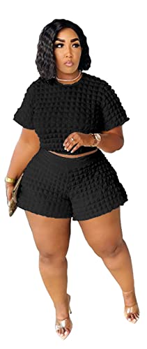 Women's Bubble 2 Piece Outfits Oversized Short Sleeve Crop Tops Elastic Waist Shorts Sets Jumpsuit Black