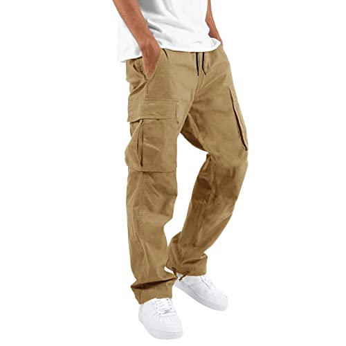 THWEI Mens Cargo Pants Casual Joggers Athletic Pants Cotton Loose Straight Sweatpants Khaki XL