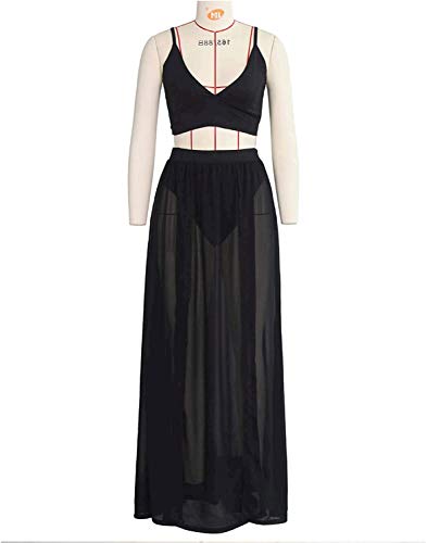 Rela Bota Women's Sexy Summer 2 Piece Maxi Chiffon Dress Crop Top Skirt Set Beachwear Black L